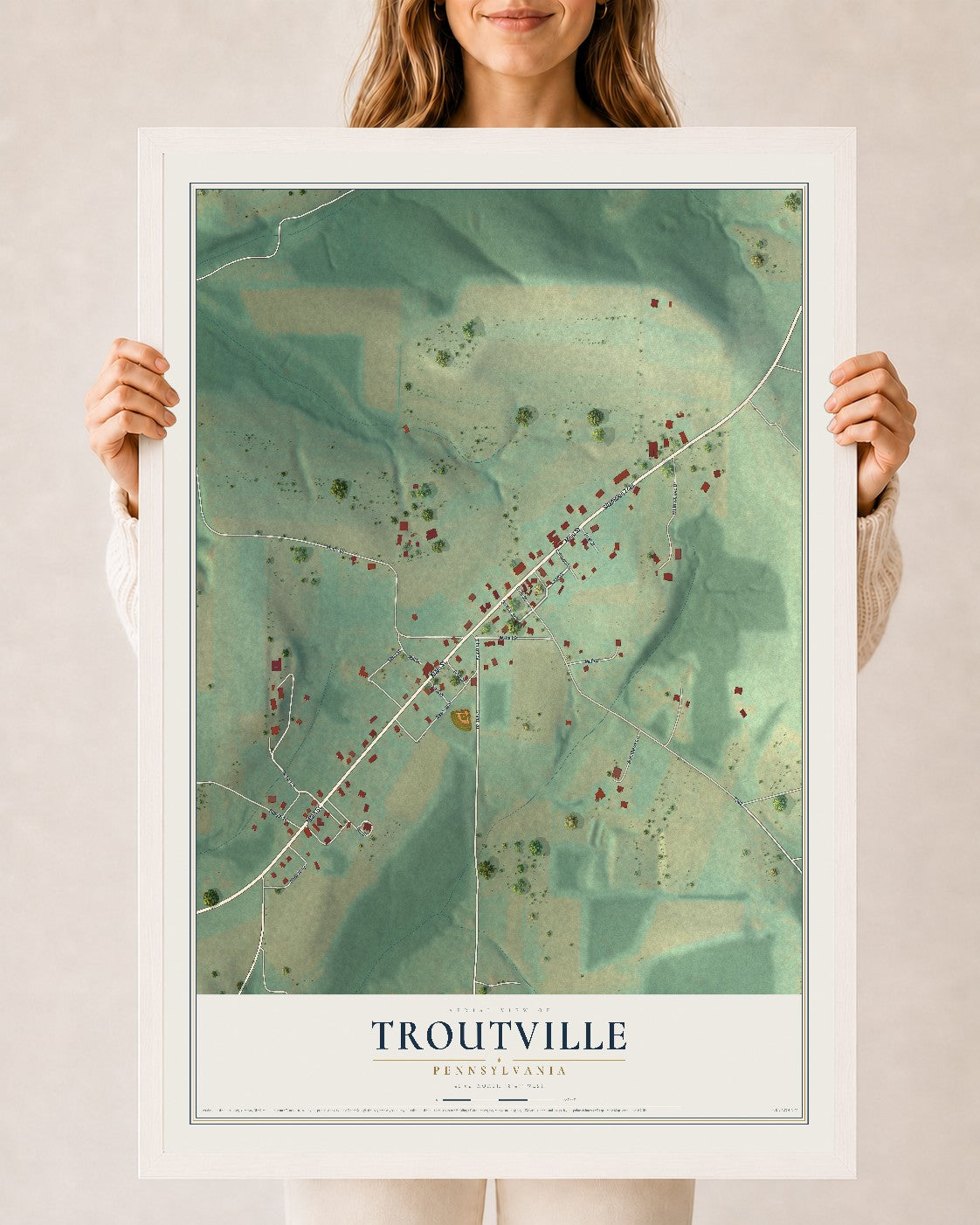Map of Troutville, Pennsylvania, 24 x 36 inch print in a white wood frame