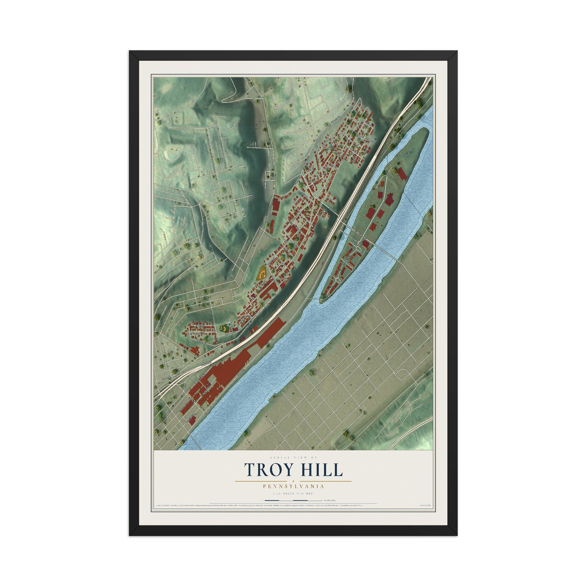 Map of Troy Hill, Pennsylvania, 12 x 18 inch print in a black wood frame