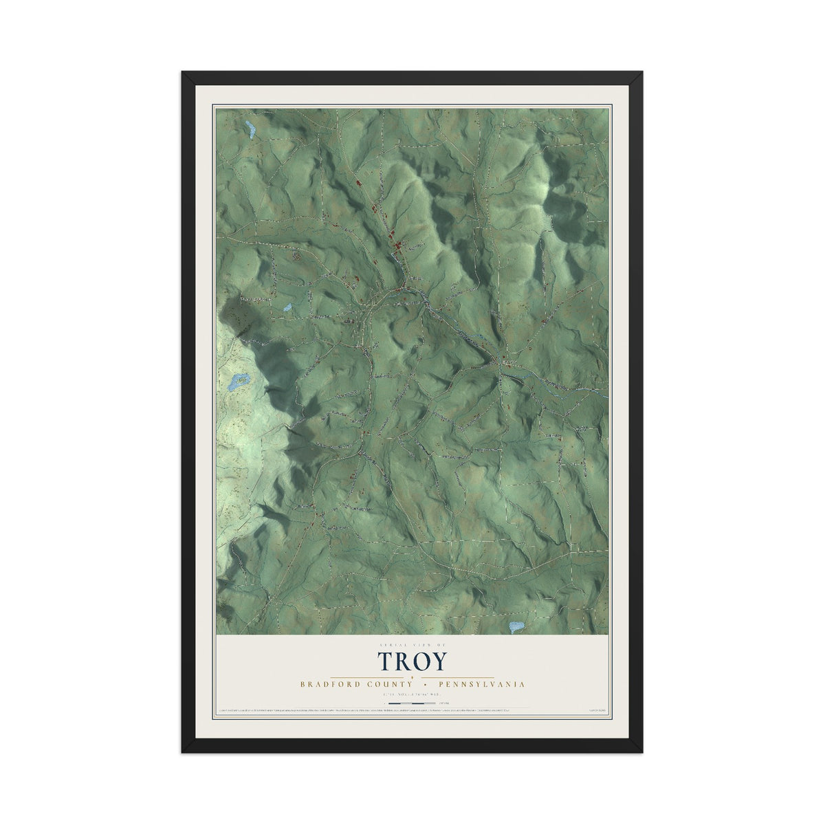Map of Troy, Bradford County, Pennsylvania, 12 x 18 inch print in a black wood frame