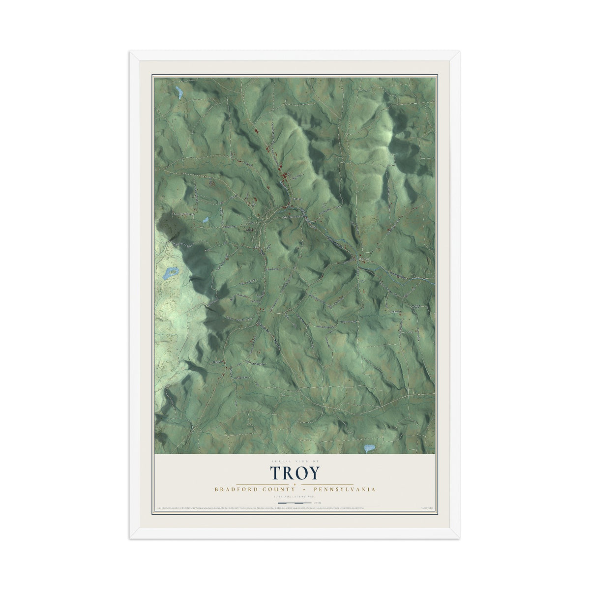 Map of Troy, Bradford County, Pennsylvania, 12 x 18 inch print in a white wood frame