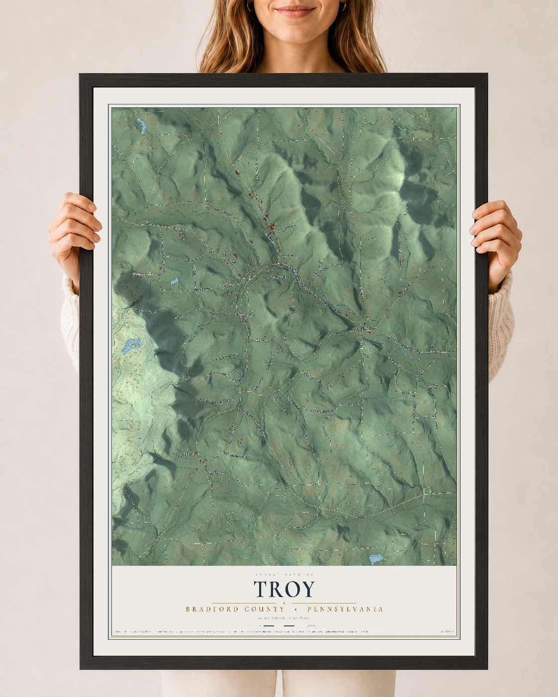 Map of Troy, Bradford County, Pennsylvania, 24 x 36 inch print in a black wood frame