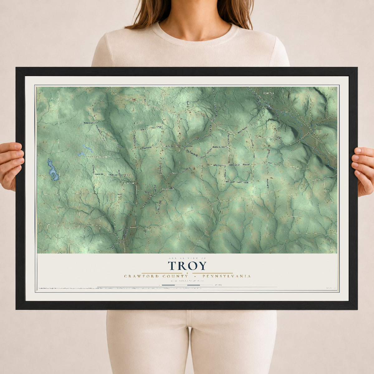 Map of Troy, Crawford County, Pennsylvania, 18 x 24 inch print in a black wood frame