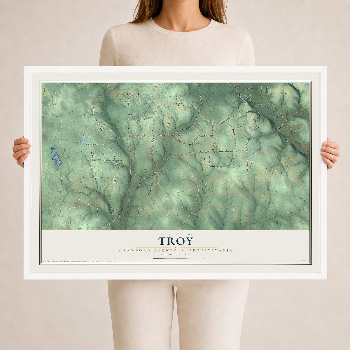 Map of Troy, Crawford County, Pennsylvania, 24 x 36 inch print in a white wood frame