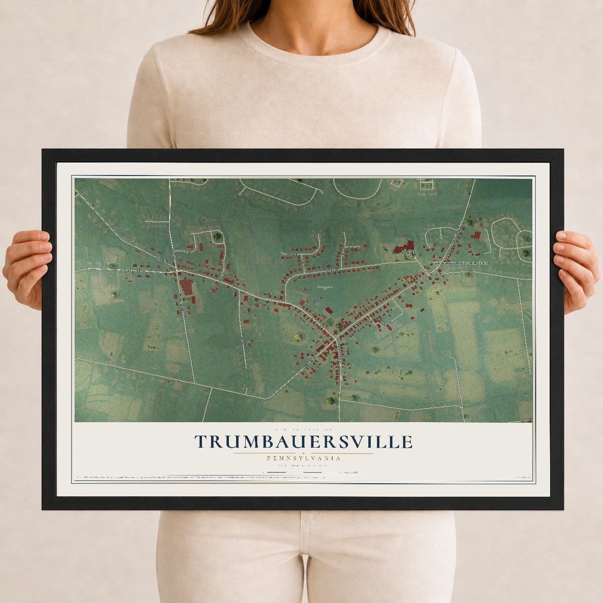 Map of Trumbauersville, Pennsylvania, 12 x 18 inch print in a black wood frame