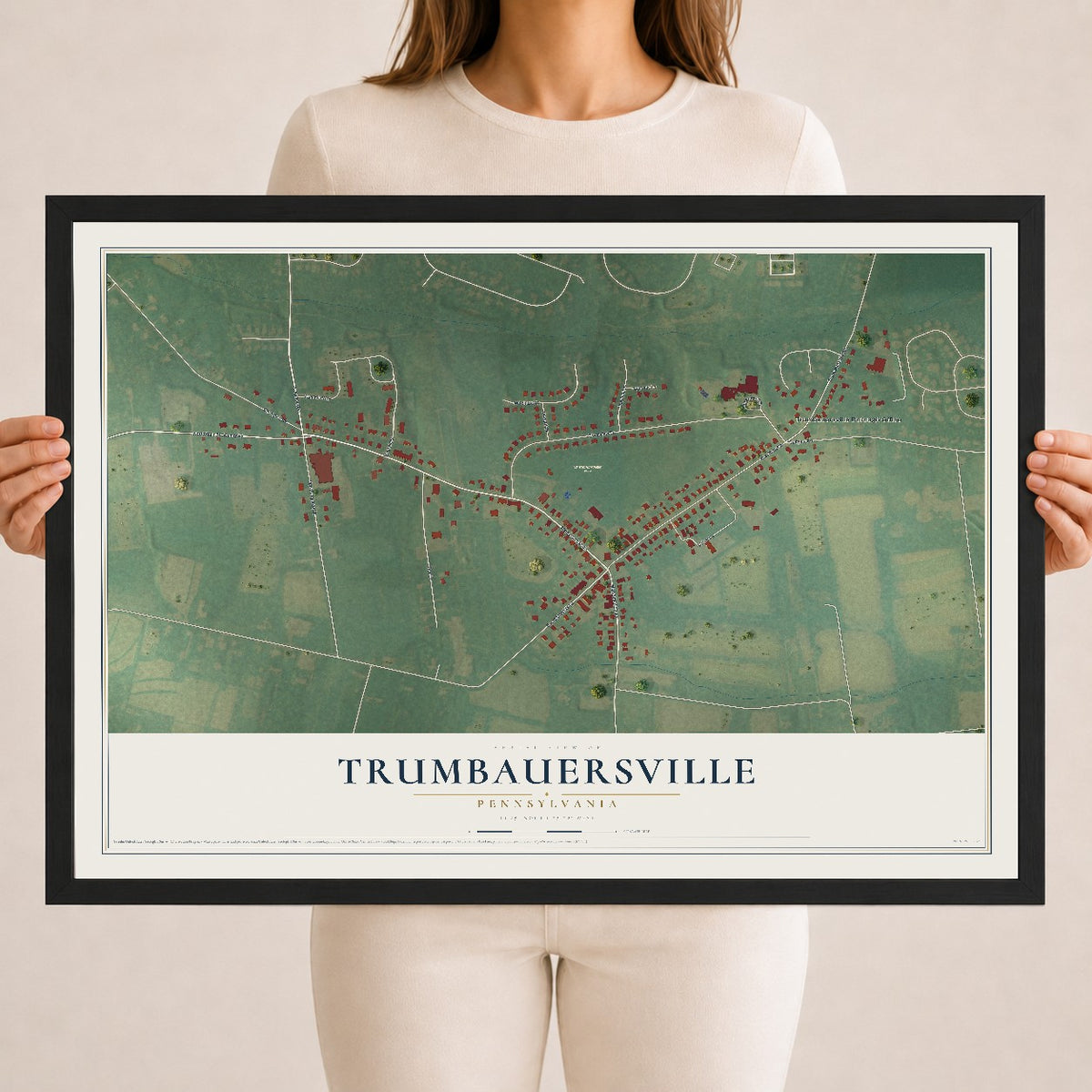 Map of Trumbauersville, Pennsylvania, 18 x 24 inch print in a black wood frame