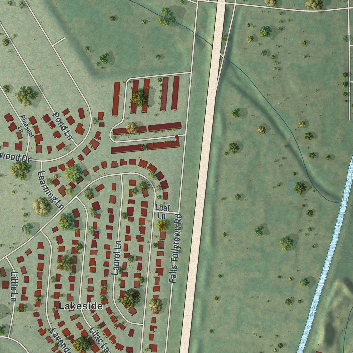 Second close-up of the map of Tullytown, Pennsylvania print showing more streets and buildings