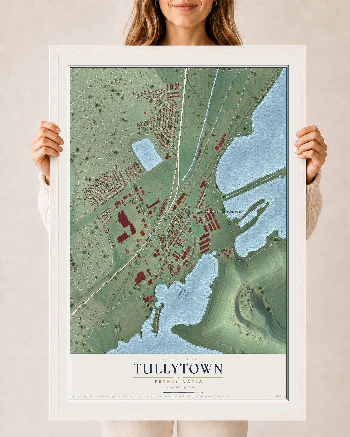 Map of Tullytown, Pennsylvania, 24 x 36 inch print in a white wood frame