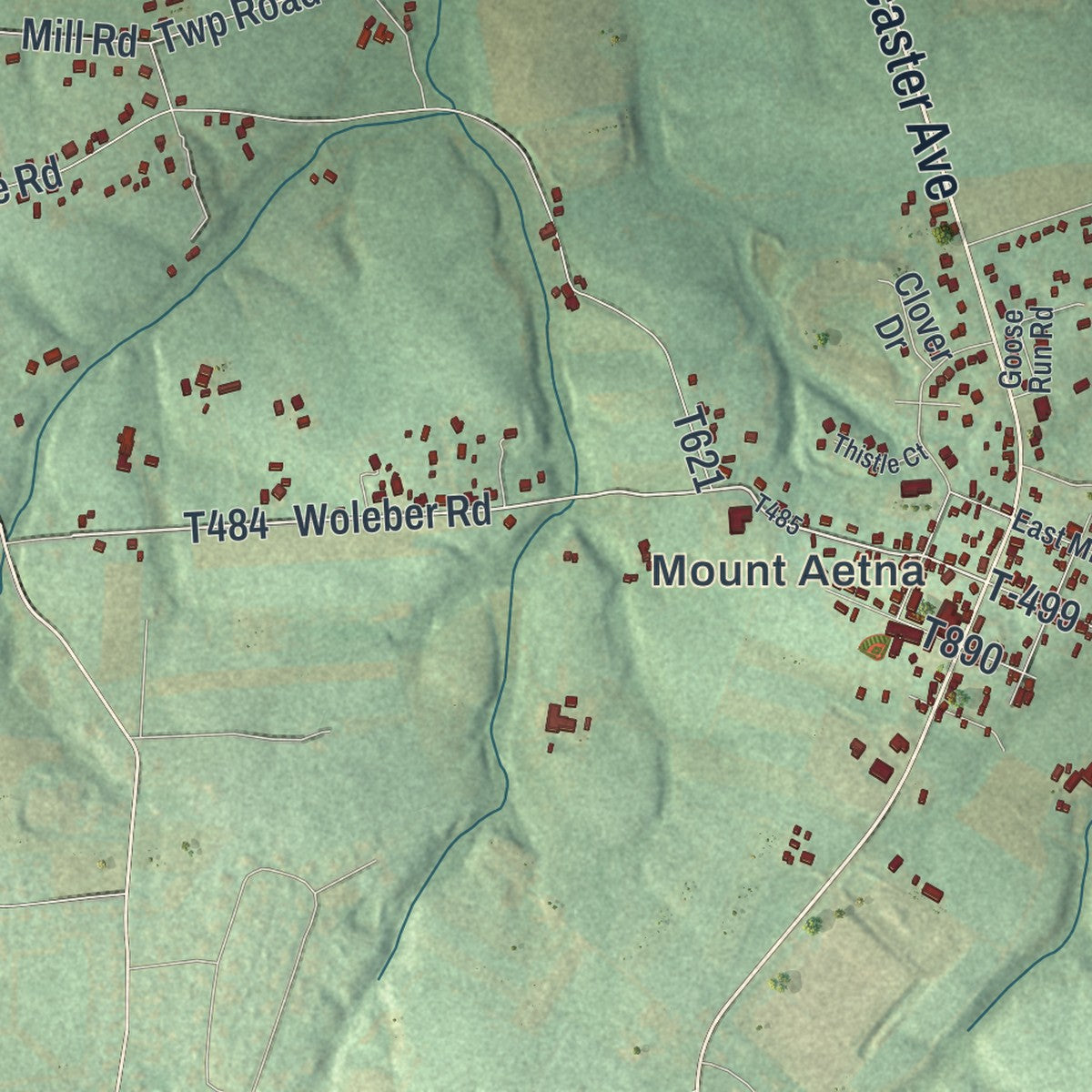 Close-up of the map of Tulpehocken, Pennsylvania print showing street and building detail