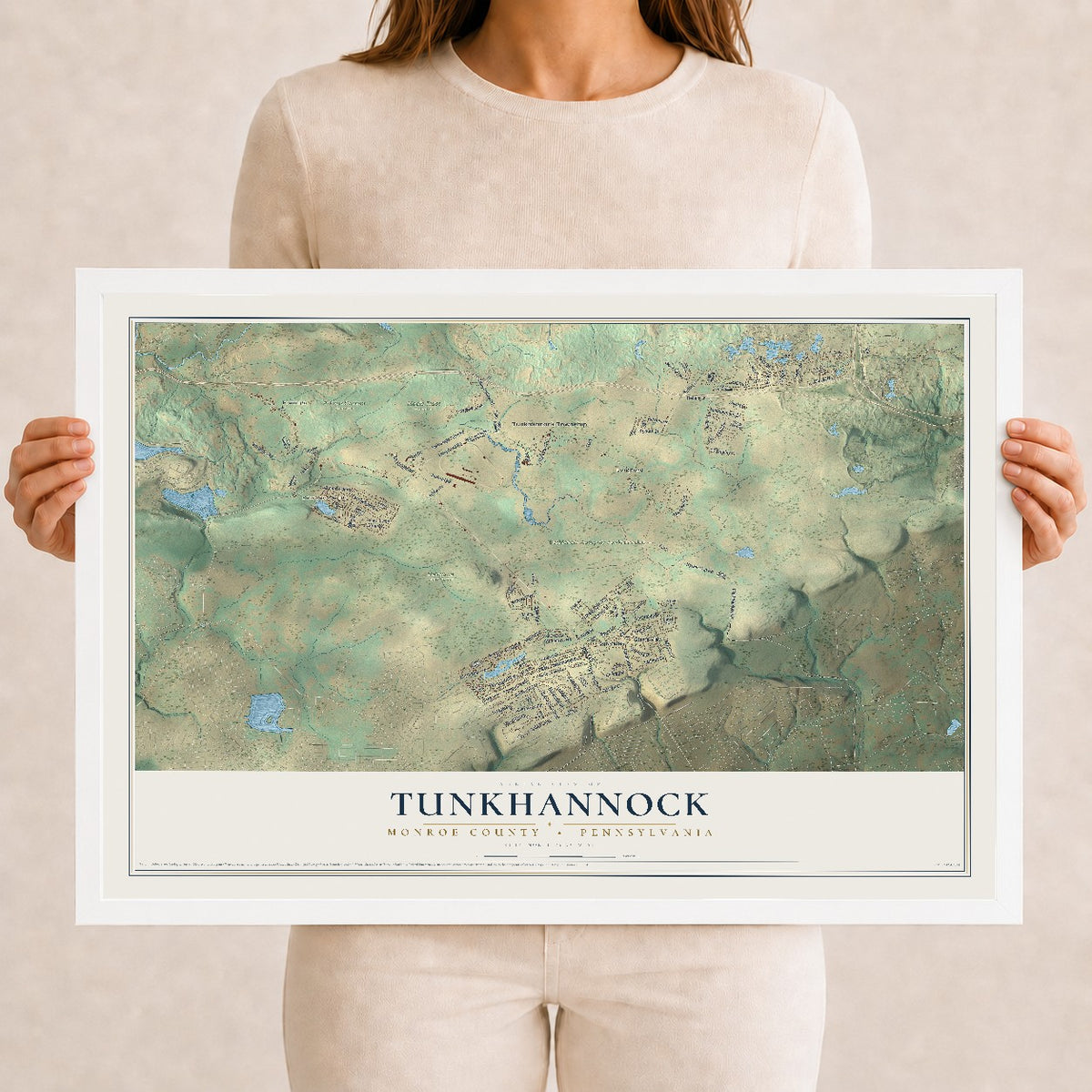 Map of Tunkhannock, Monroe County, Pennsylvania, 12 x 18 inch print in a white wood frame