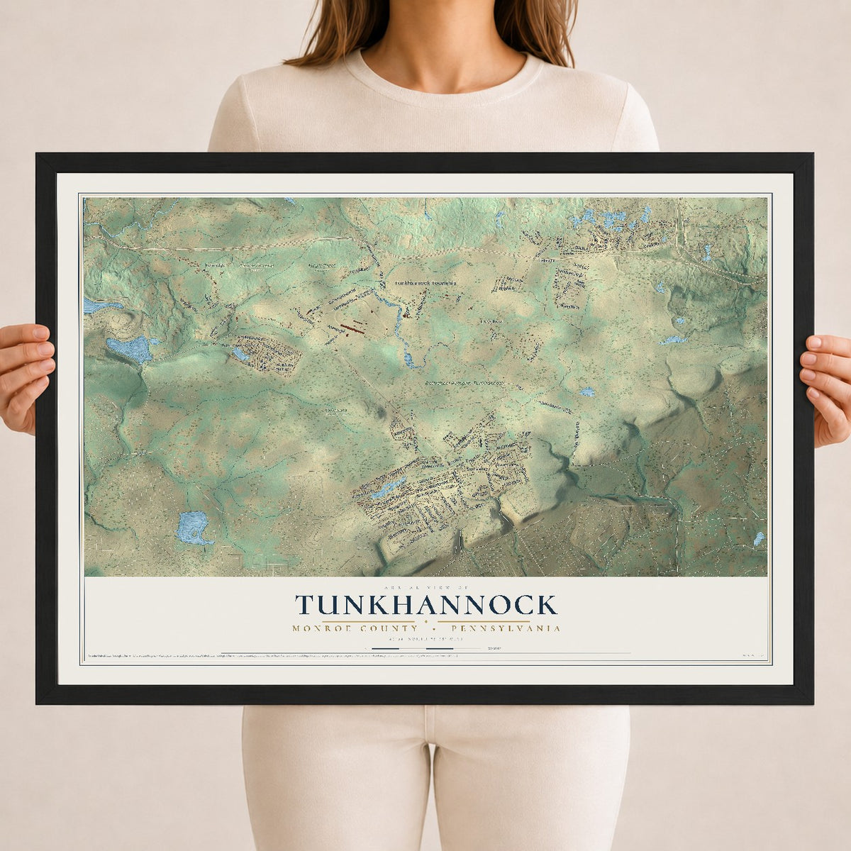 Map of Tunkhannock, Monroe County, Pennsylvania, 18 x 24 inch print in a black wood frame