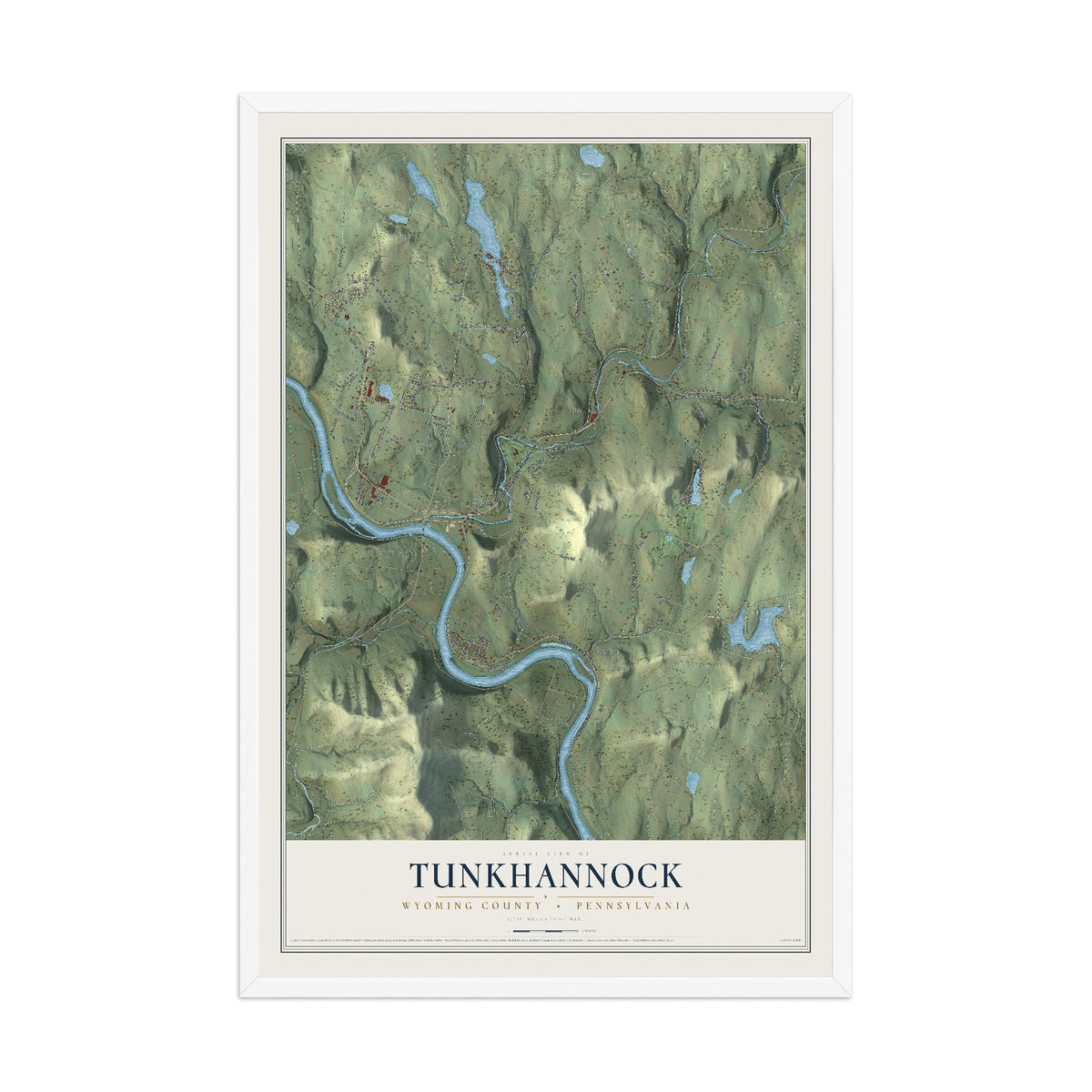 Map of Tunkhannock, Wyoming County, Pennsylvania, 12 x 18 inch print in a white wood frame