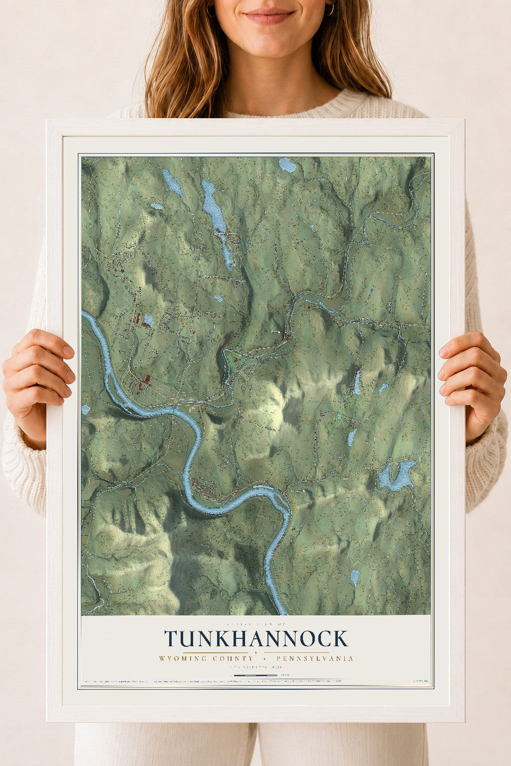Map of Tunkhannock, Wyoming County, Pennsylvania, 18 x 24 inch print in a white wood frame