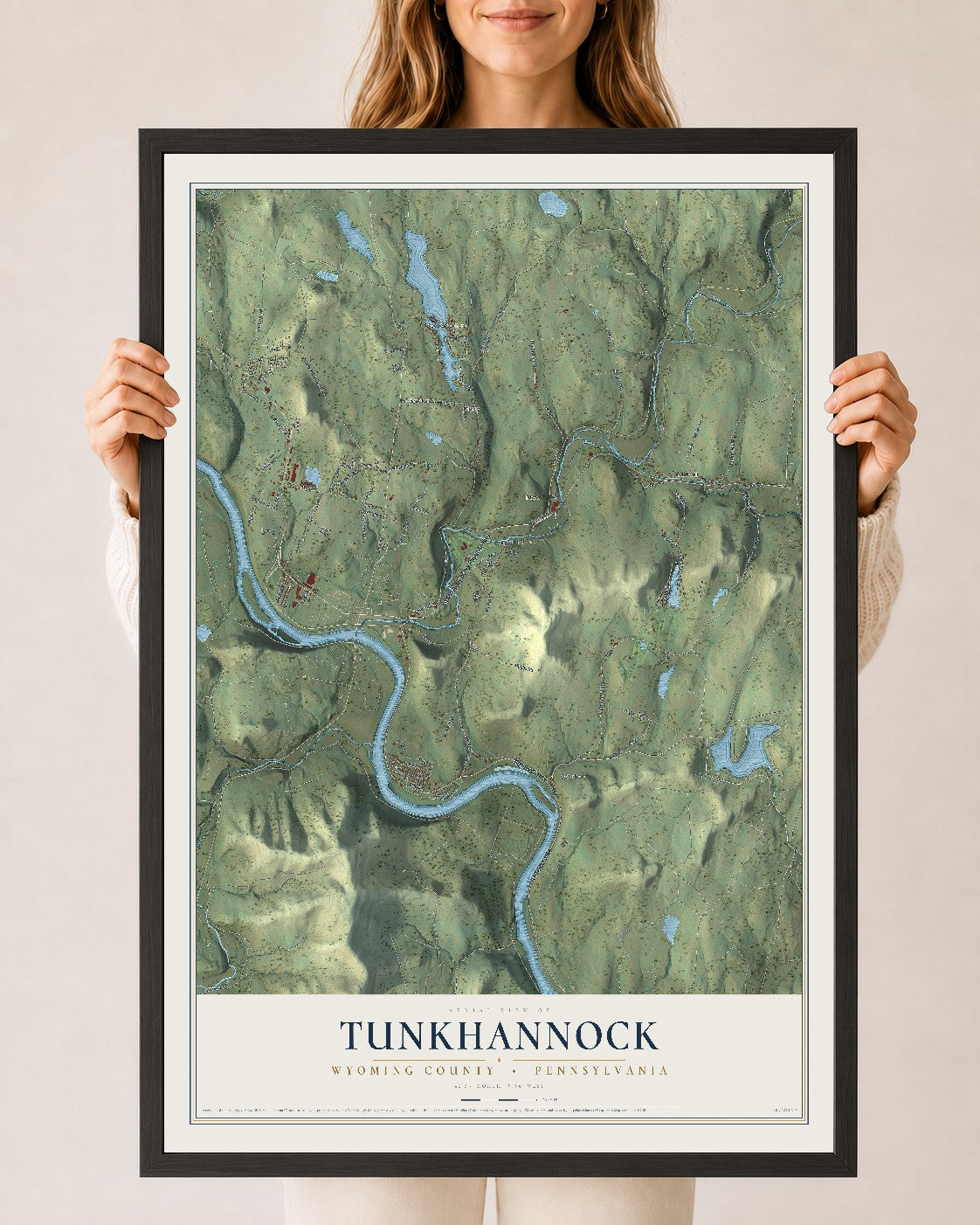 Map of Tunkhannock, Wyoming County, Pennsylvania, 24 x 36 inch print in a black wood frame