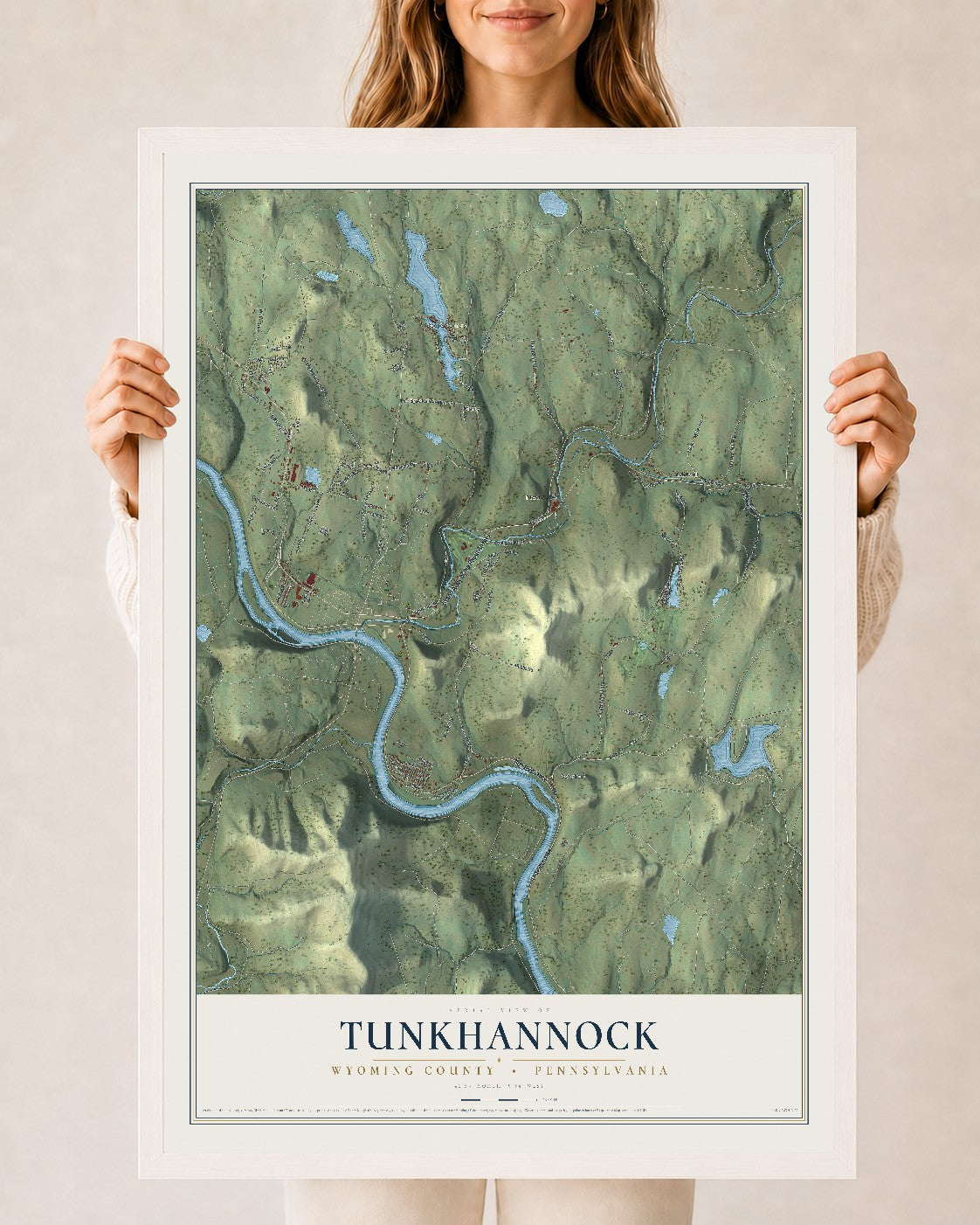 Map of Tunkhannock, Wyoming County, Pennsylvania, 24 x 36 inch print in a white wood frame