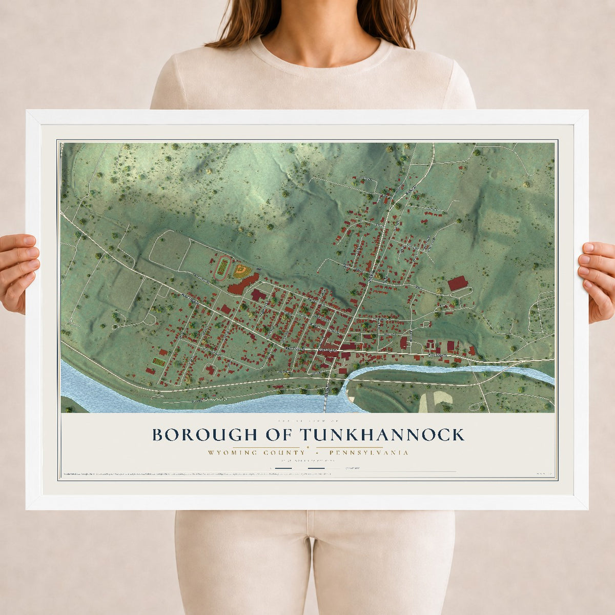 Map of the Borough of Tunkhannock, Wyoming County, Pennsylvania, 18 x 24 inch print in a white wood frame