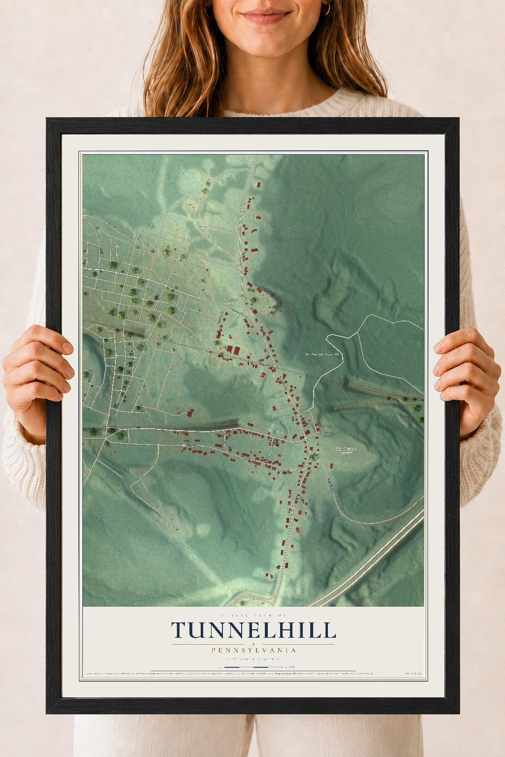 Map of Tunnelhill, Pennsylvania, 18 x 24 inch print in a black wood frame
