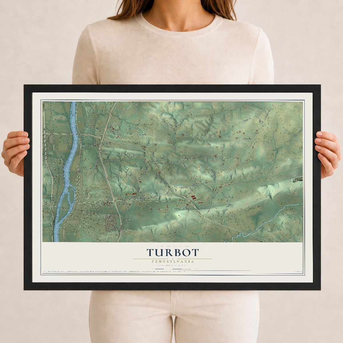 Map of Turbot, Pennsylvania, 12 x 18 inch print in a black wood frame