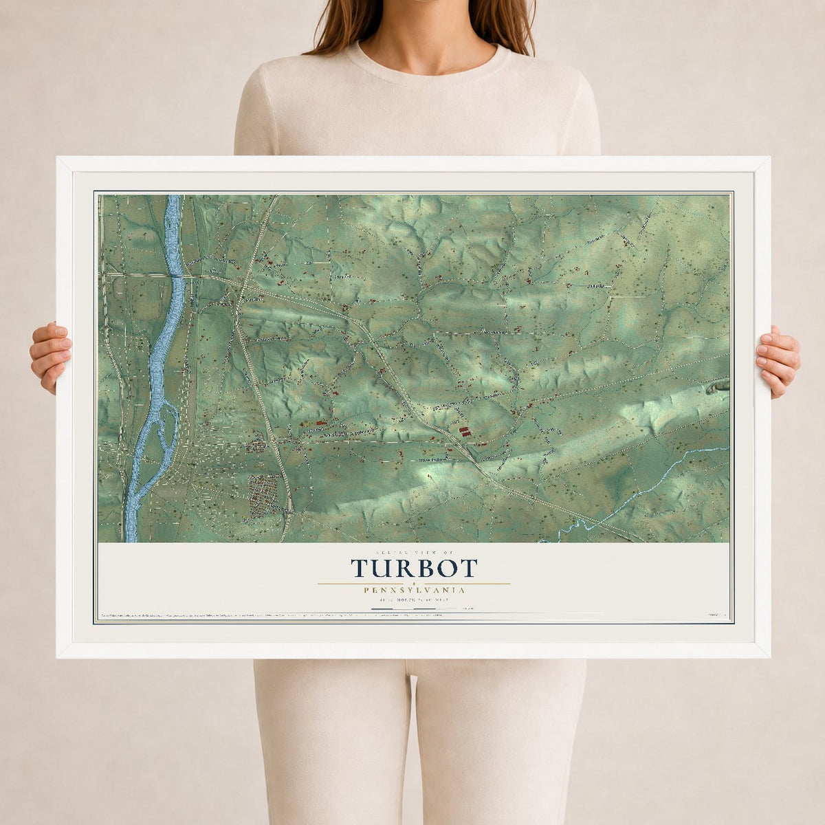 Map of Turbot, Pennsylvania, 24 x 36 inch print in a white wood frame