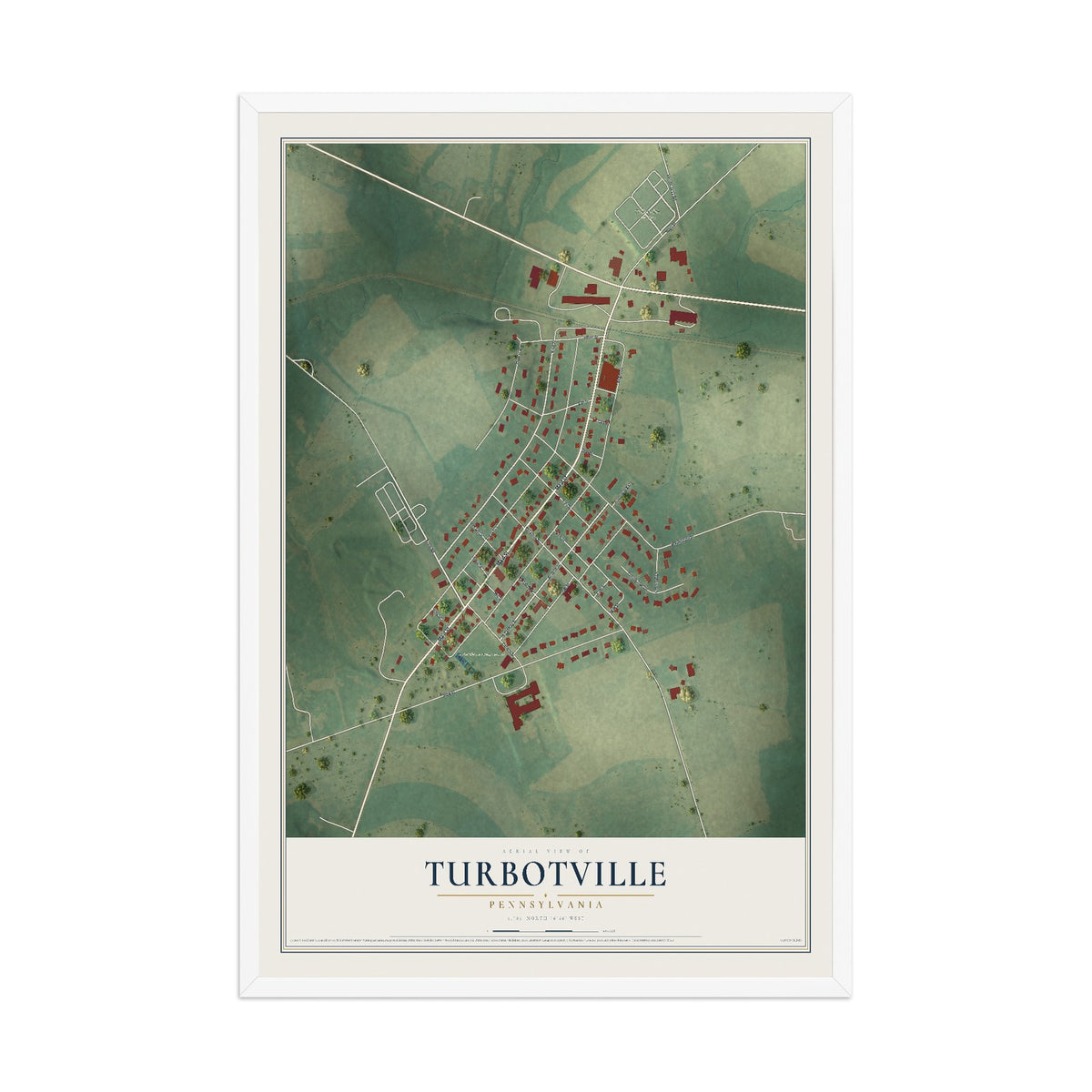 Map of Turbotville, Pennsylvania, 12 x 18 inch print in a white wood frame