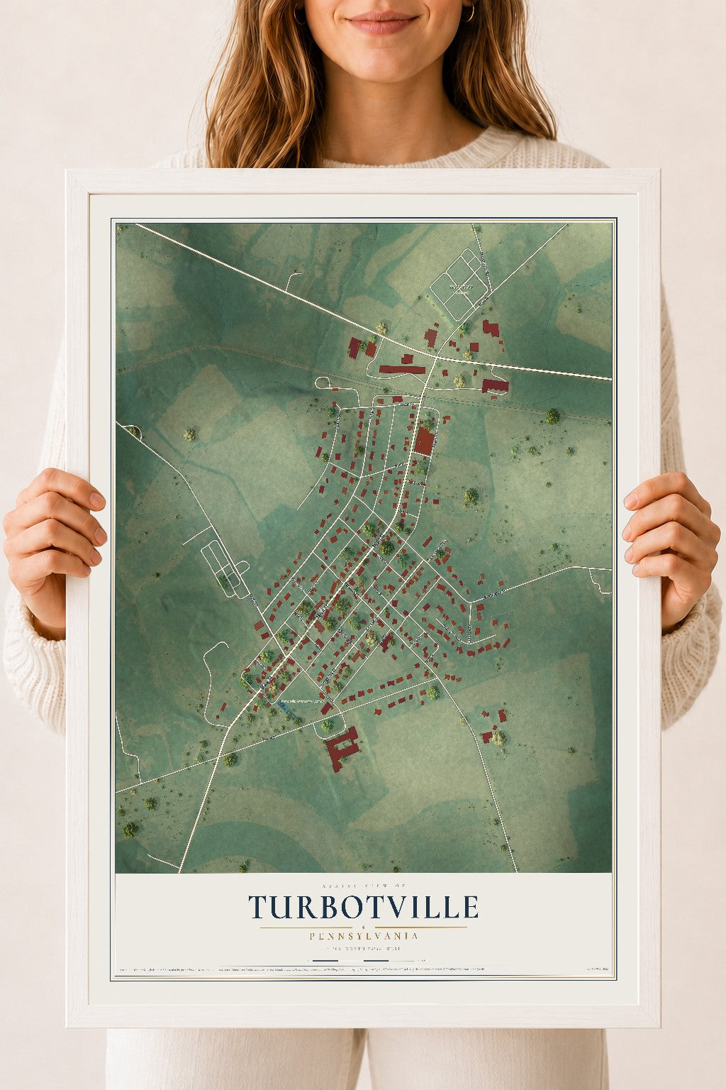 Map of Turbotville, Pennsylvania, 18 x 24 inch print in a white wood frame