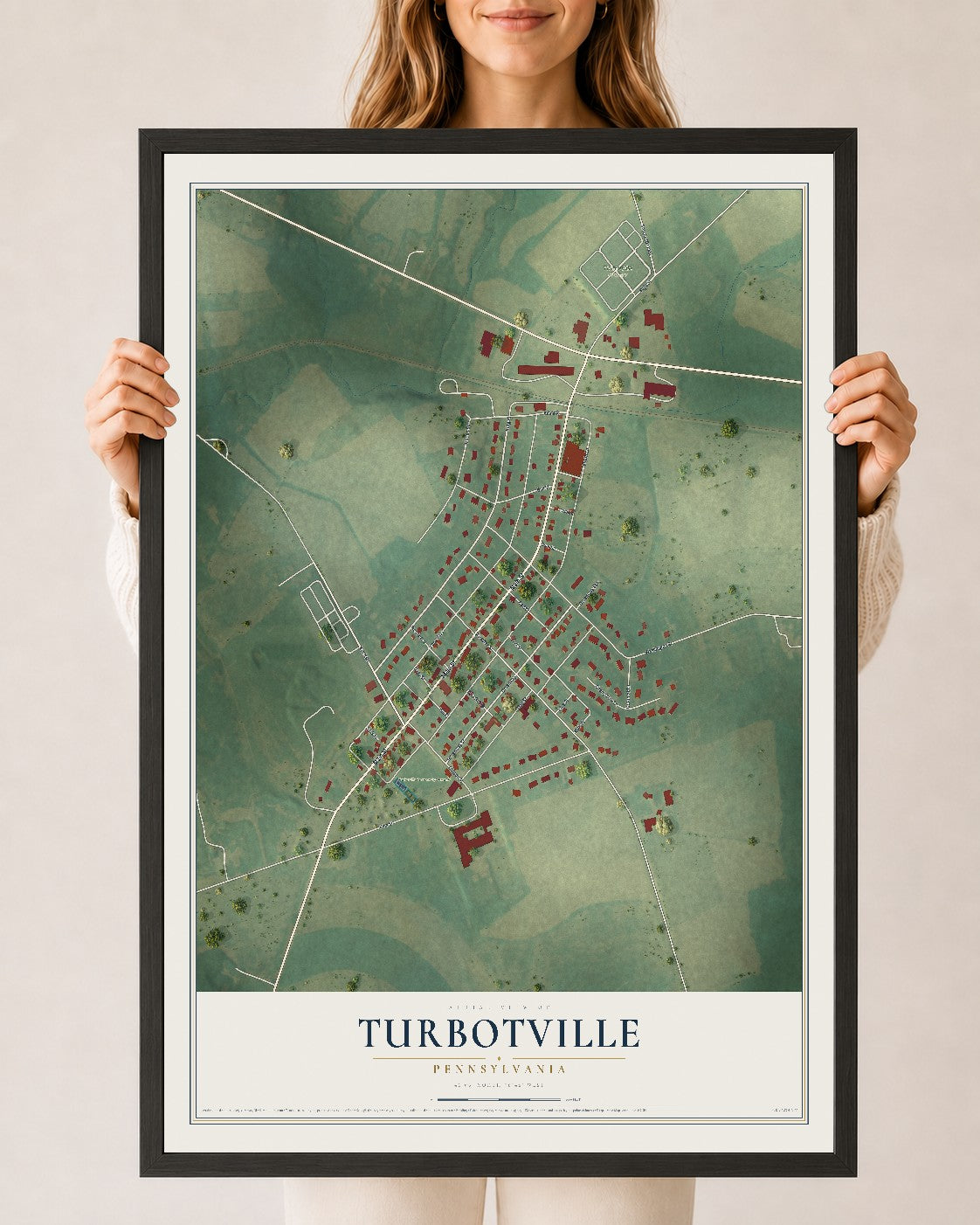 Map of Turbotville, Pennsylvania, 24 x 36 inch print in a black wood frame