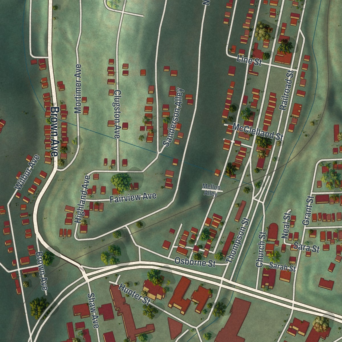 Second close-up of the map of Turtle Creek, Pennsylvania print showing more streets and buildings
