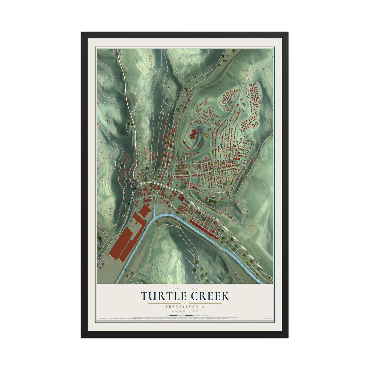 Map of Turtle Creek, Pennsylvania, 12 x 18 inch print in a black wood frame
