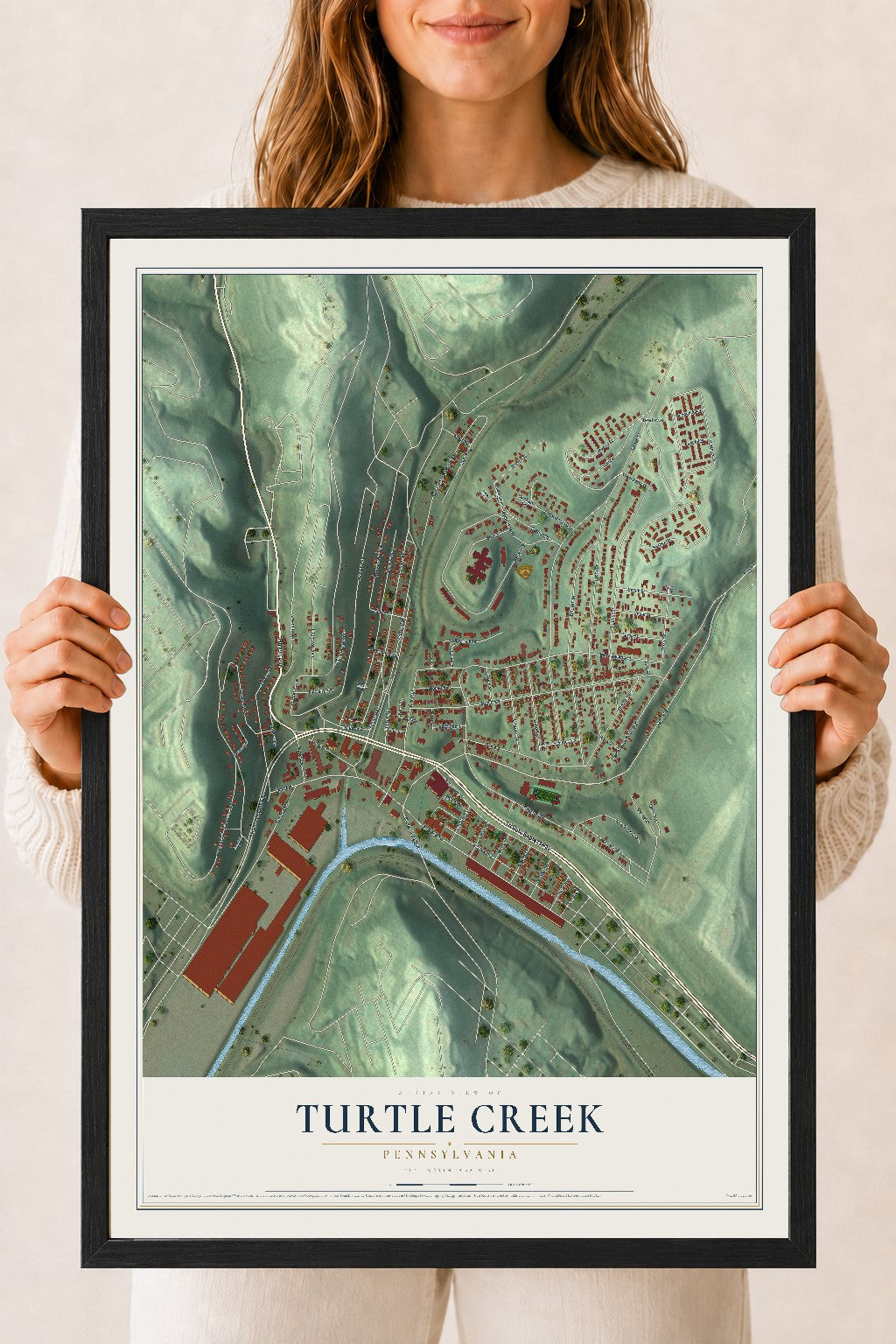 Map of Turtle Creek, Pennsylvania, 18 x 24 inch print in a black wood frame