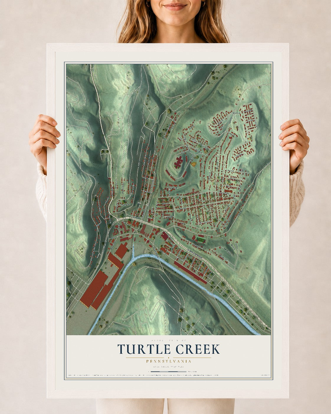 Map of Turtle Creek, Pennsylvania, 24 x 36 inch print in a white wood frame