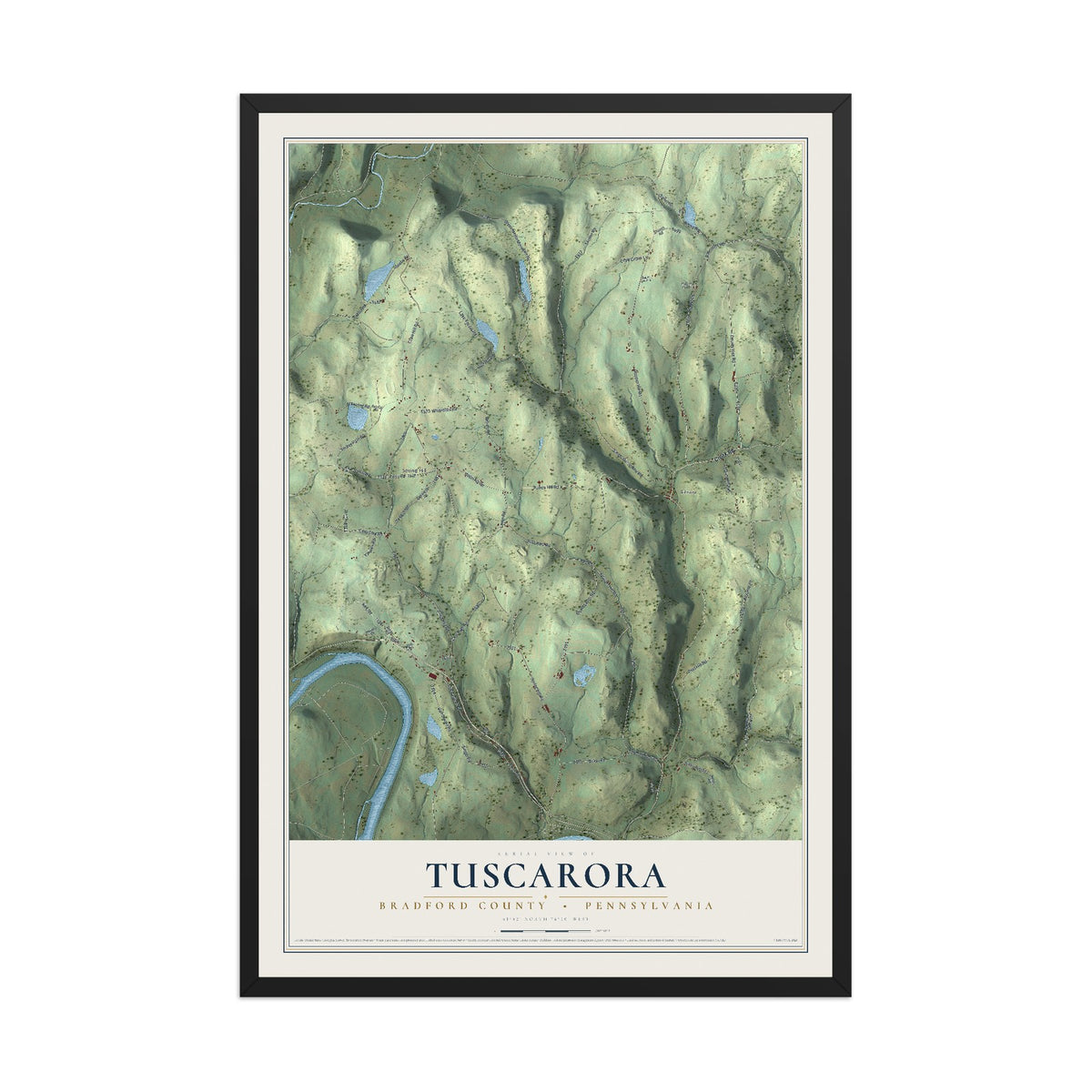 Map of Tuscarora, Bradford County, Pennsylvania, 12 x 18 inch print in a black wood frame