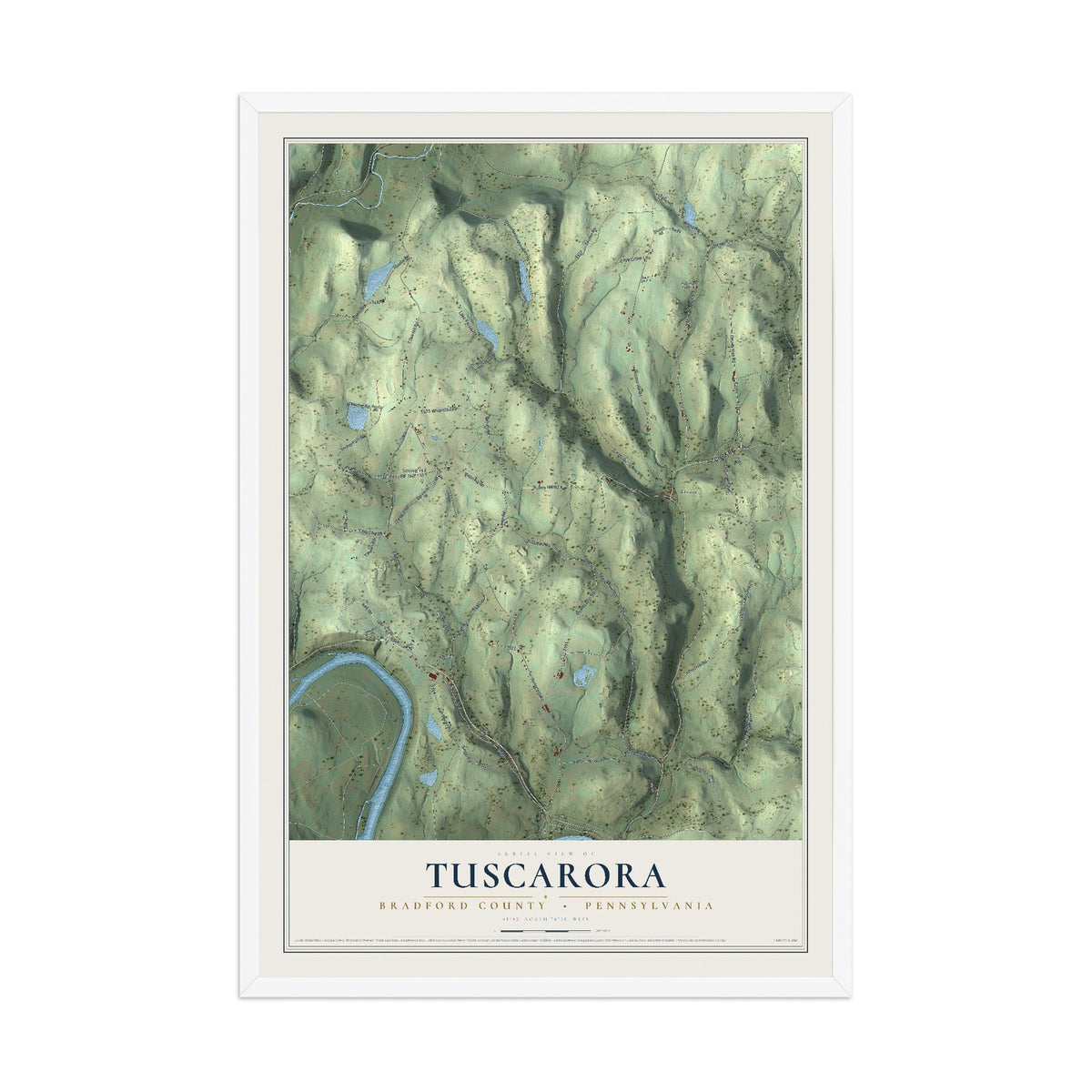Map of Tuscarora, Bradford County, Pennsylvania, 12 x 18 inch print in a white wood frame