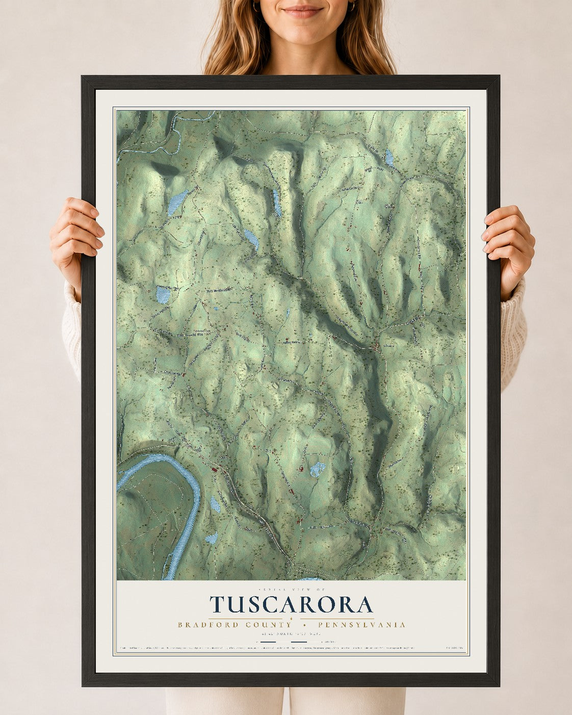 Map of Tuscarora, Bradford County, Pennsylvania, 24 x 36 inch print in a black wood frame