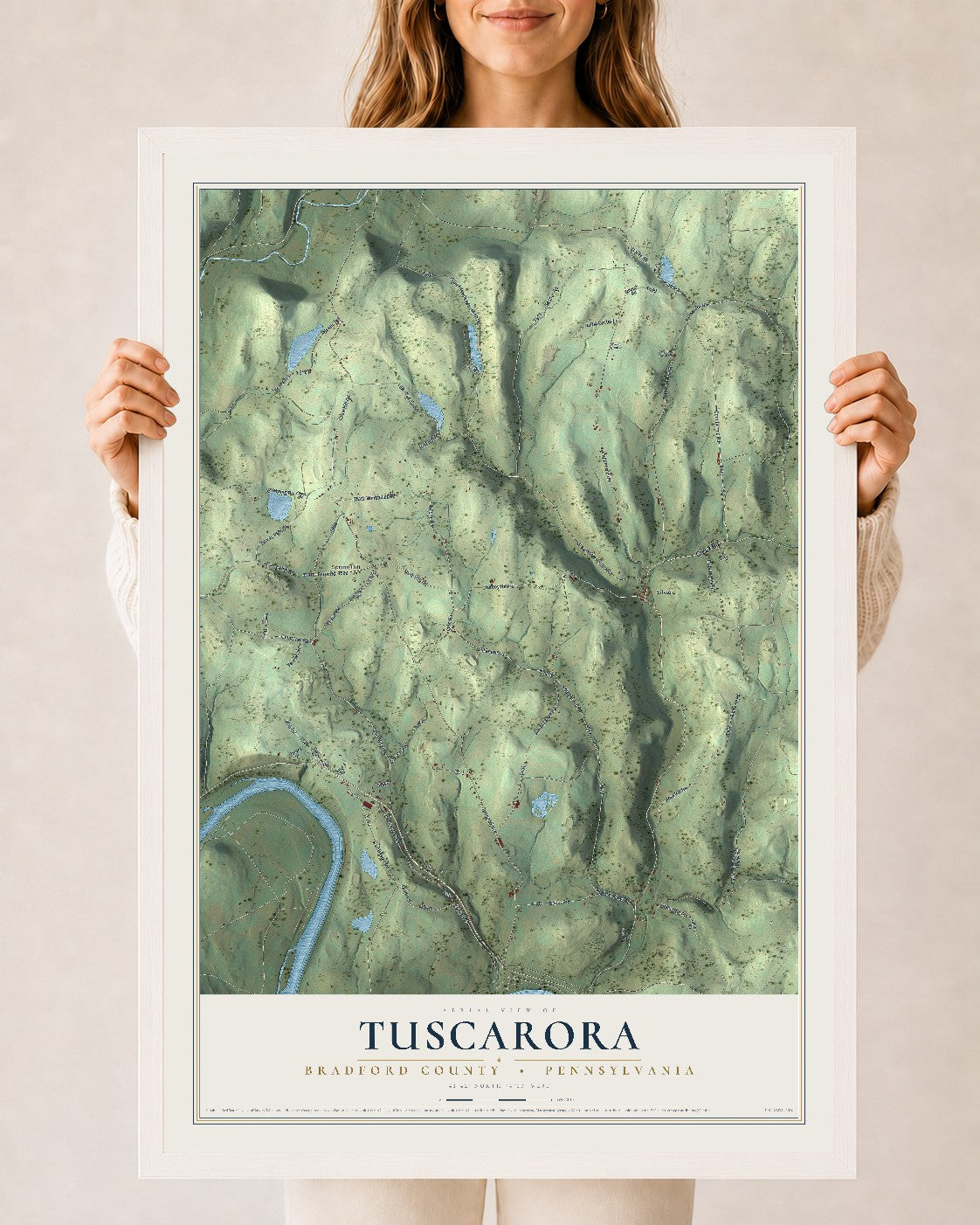 Map of Tuscarora, Bradford County, Pennsylvania, 24 x 36 inch print in a white wood frame