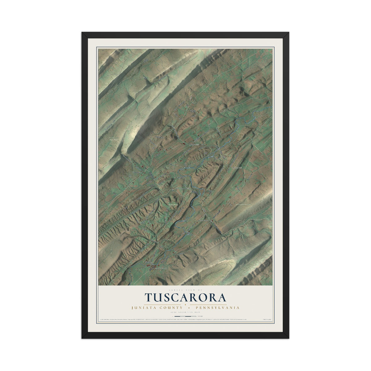 Map of Tuscarora, Juniata County, Pennsylvania, 12 x 18 inch print in a black wood frame