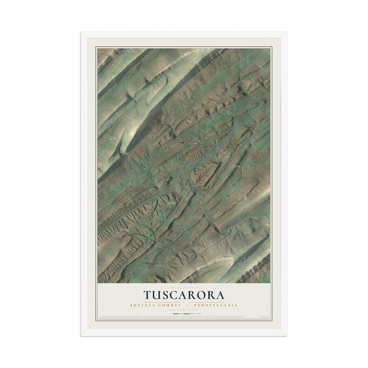 Map of Tuscarora, Juniata County, Pennsylvania, 12 x 18 inch print in a white wood frame