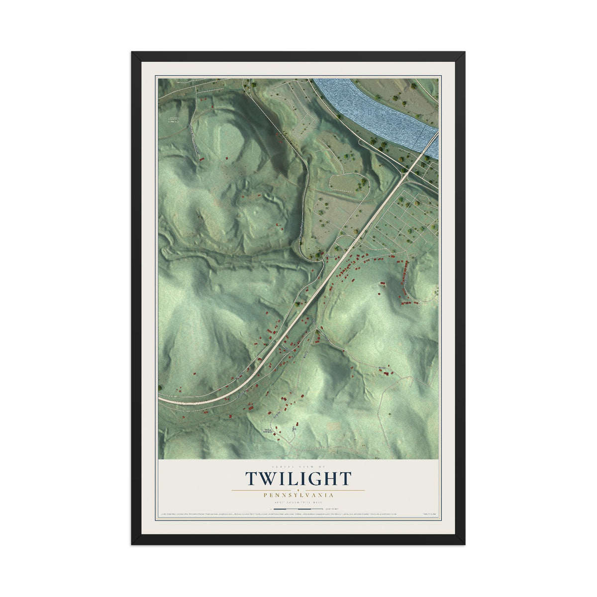 Map of Twilight, Pennsylvania, 12 x 18 inch print in a black wood frame