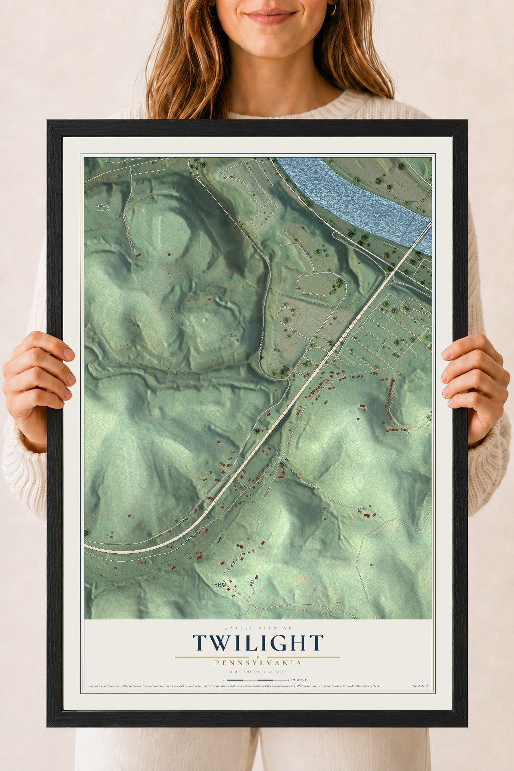 Map of Twilight, Pennsylvania, 18 x 24 inch print in a black wood frame