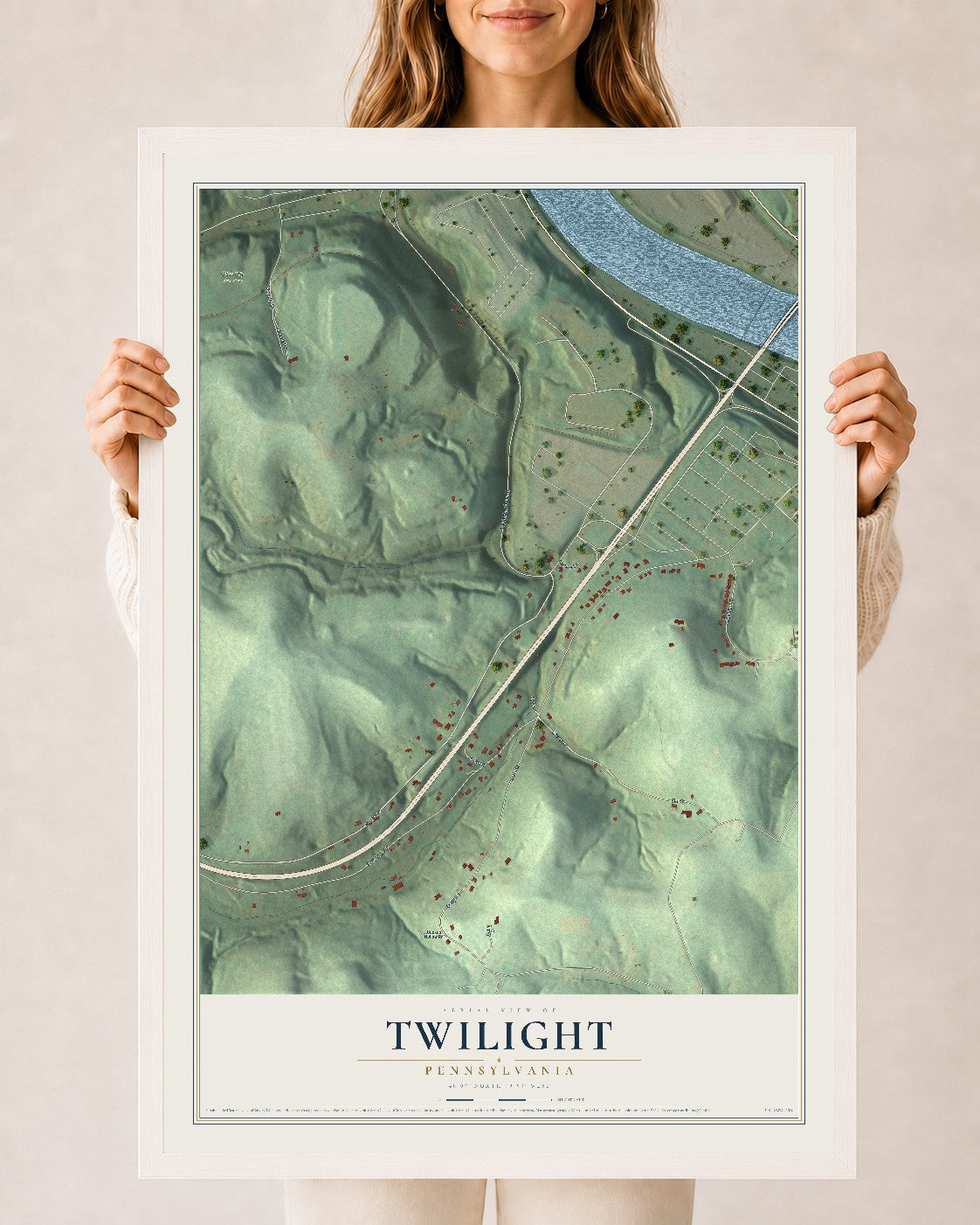 Map of Twilight, Pennsylvania, 24 x 36 inch print in a white wood frame