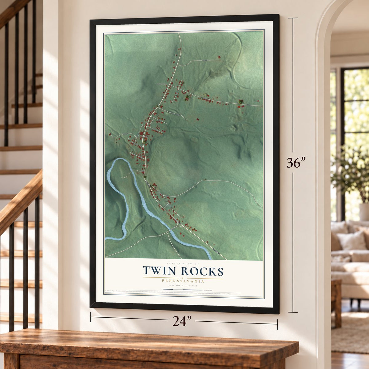 Twin Rocks, Pennsylvania map, 24 x 36 inch print in a black frame by a staircase