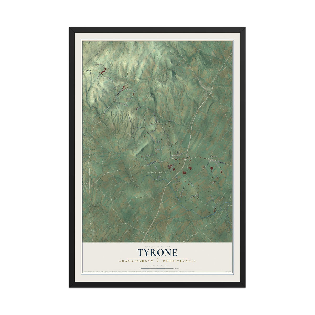 Map of Tyrone, Adams County, Pennsylvania, 12 x 18 inch print in a black wood frame