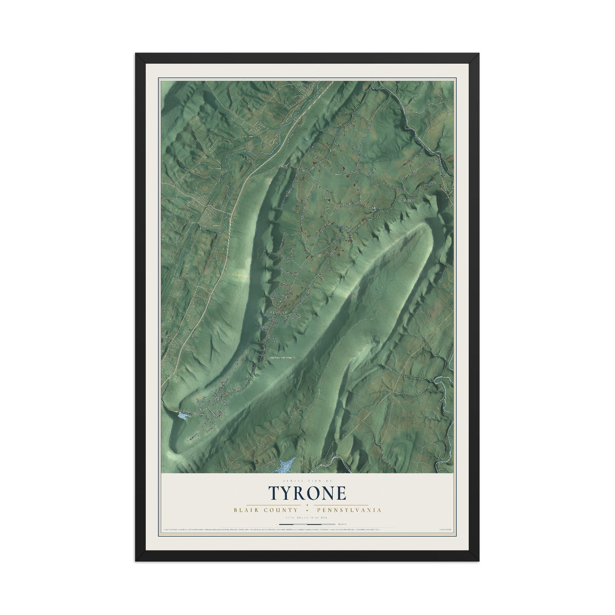 Map of Tyrone, Blair County, Pennsylvania, 12 x 18 inch print in a black wood frame