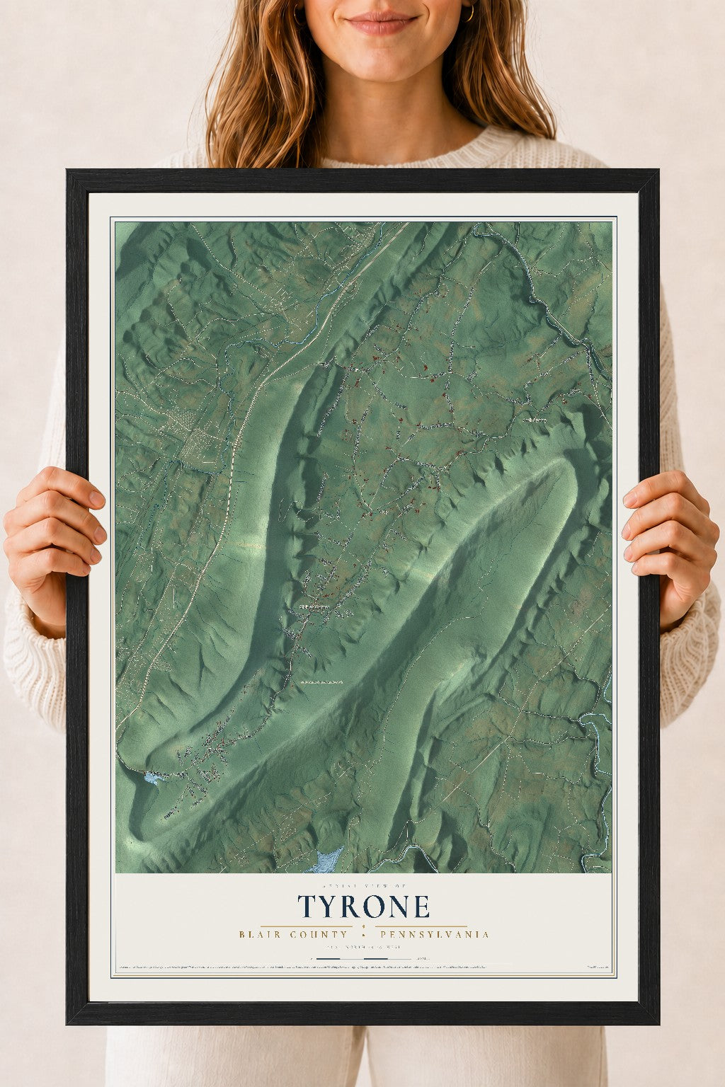 Map of Tyrone, Blair County, Pennsylvania, 18 x 24 inch print in a black wood frame