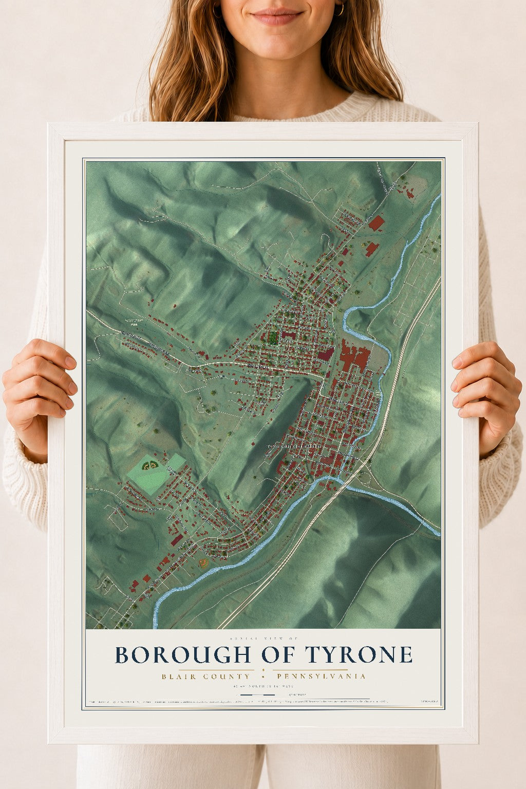 Map of the Borough of Tyrone, Blair County, Pennsylvania, 18 x 24 inch print in a white wood frame
