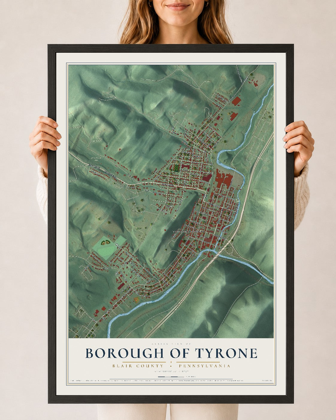 Map of the Borough of Tyrone, Blair County, Pennsylvania, 24 x 36 inch print in a black wood frame