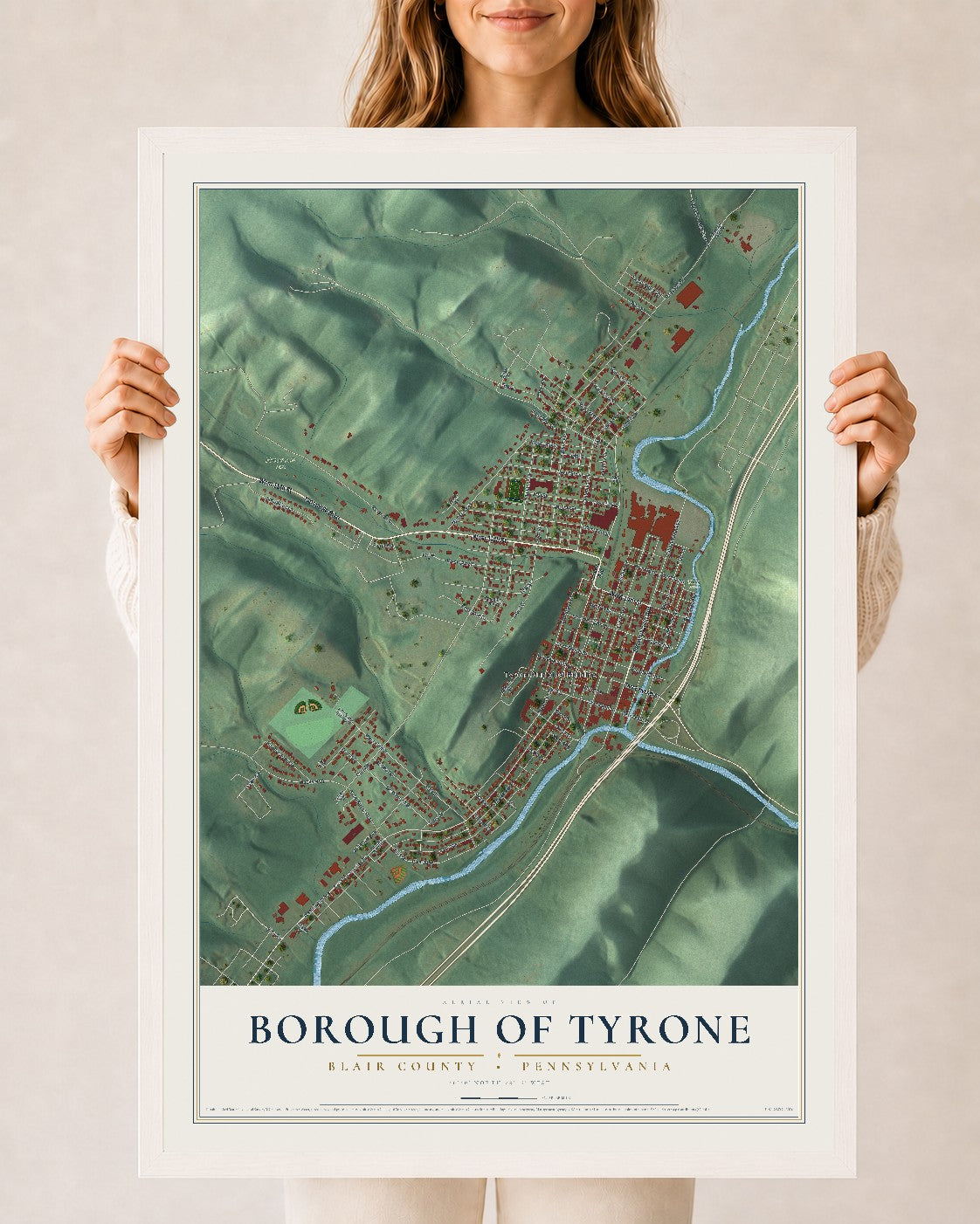 Map of the Borough of Tyrone, Blair County, Pennsylvania, 24 x 36 inch print in a white wood frame