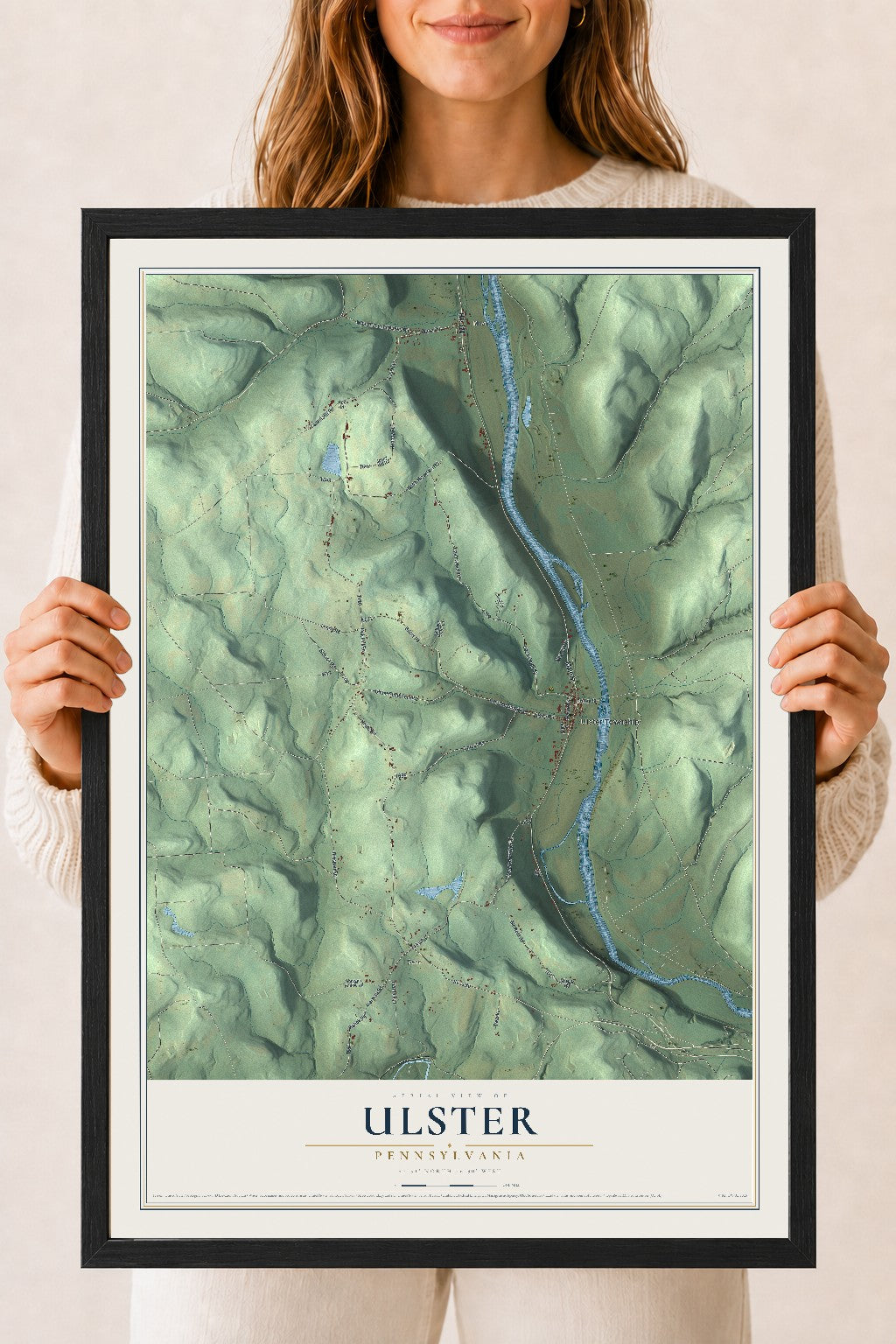 Map of Ulster, Pennsylvania, 18 x 24 inch print in a black wood frame