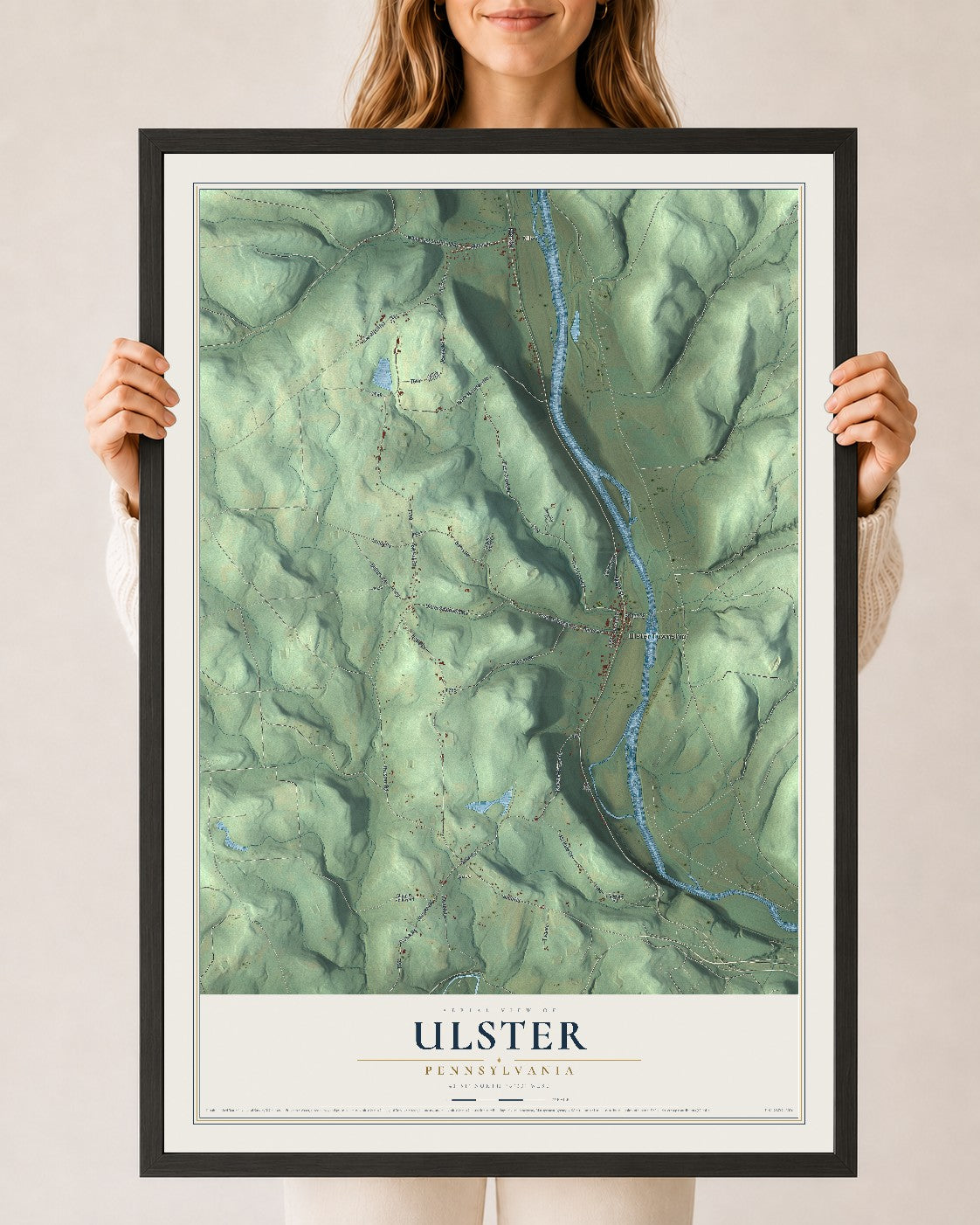 Map of Ulster, Pennsylvania, 24 x 36 inch print in a black wood frame