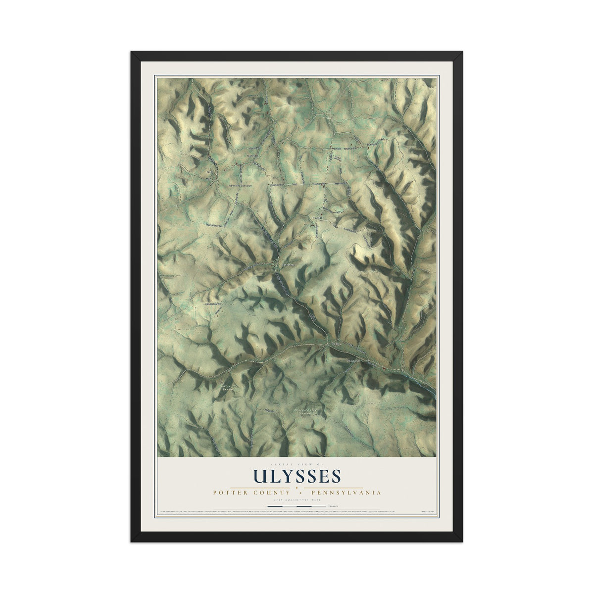Map of Ulysses, Potter County, Pennsylvania, 12 x 18 inch print in a black wood frame
