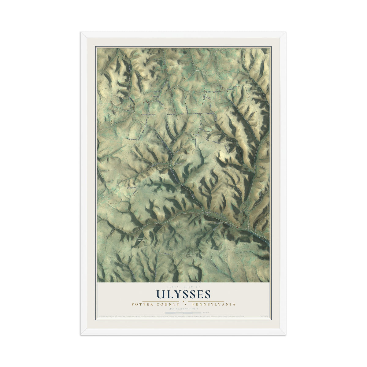 Map of Ulysses, Potter County, Pennsylvania, 12 x 18 inch print in a white wood frame