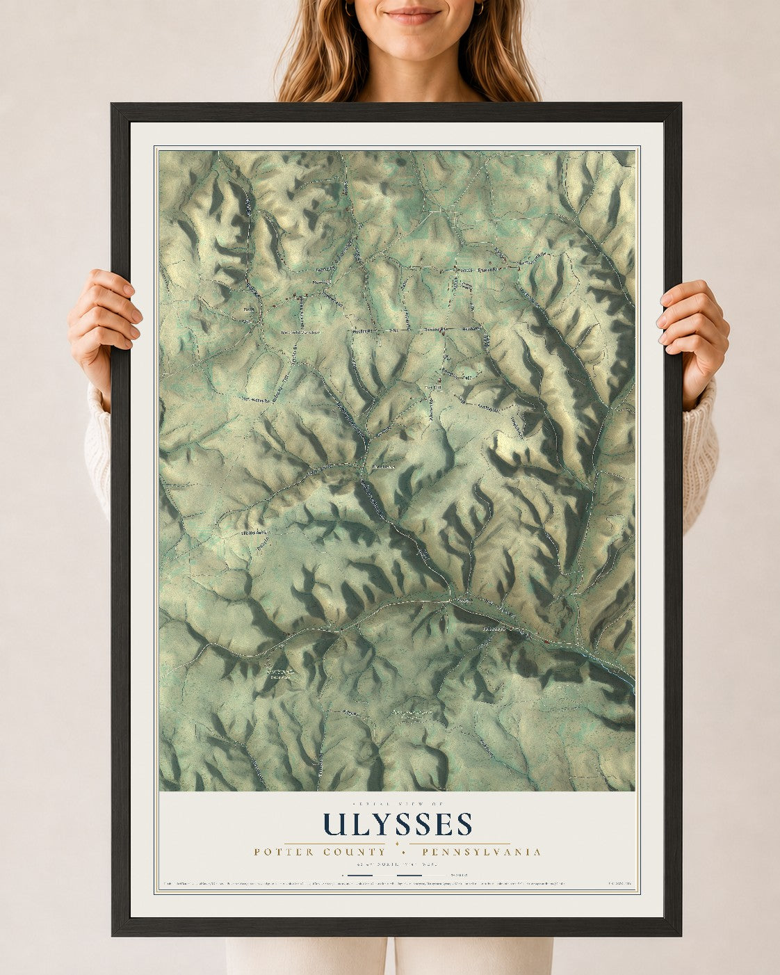 Map of Ulysses, Potter County, Pennsylvania, 24 x 36 inch print in a black wood frame